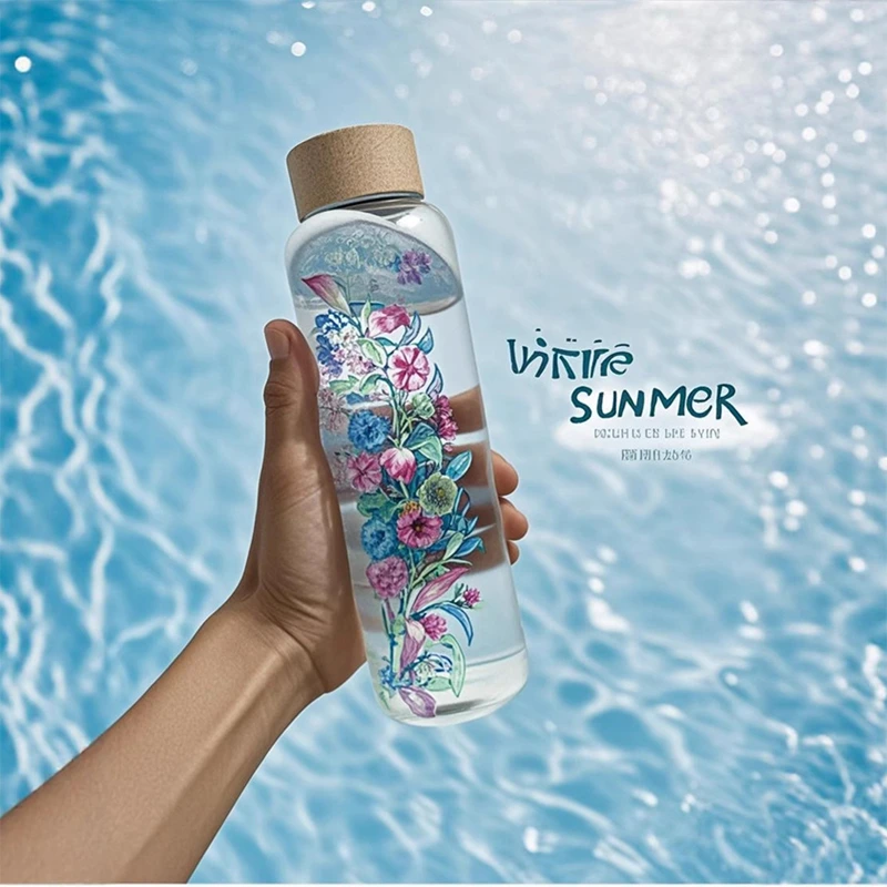 Sketch Floral Double Sided Decal Glass Water Bottle